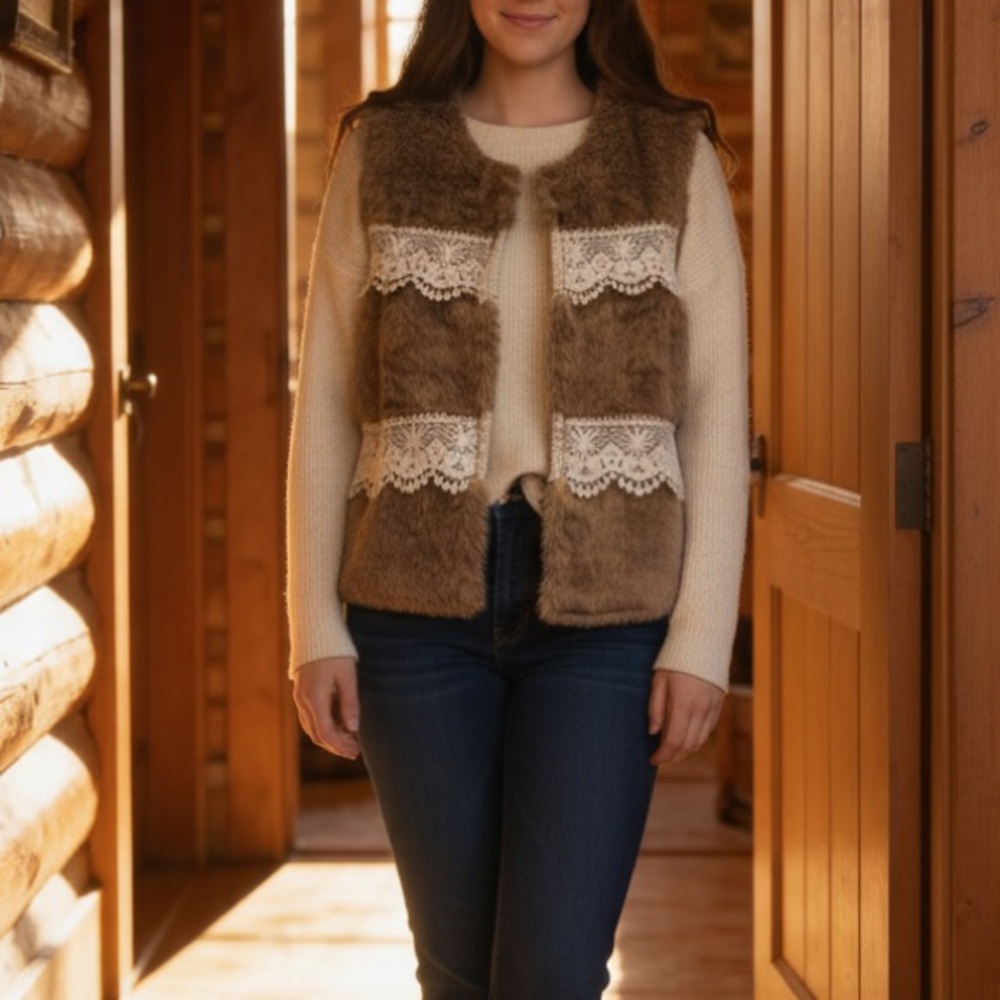Solitaire | Women’s Victorian Style Faux Fur Vest with Lace Trim | M